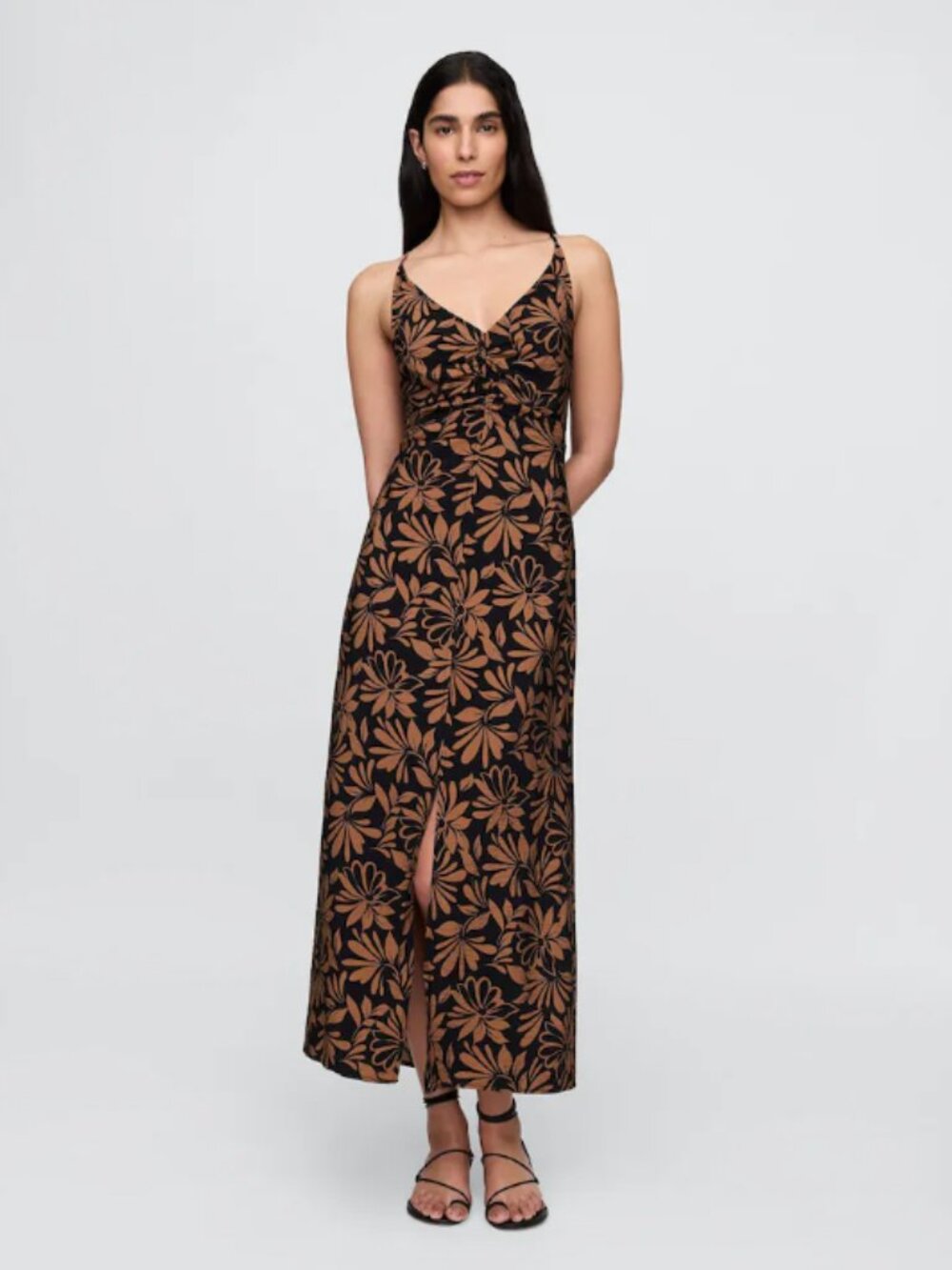 NWT GAP Black/Brown Tie-Back Floral Maxi Slip Dress XXS